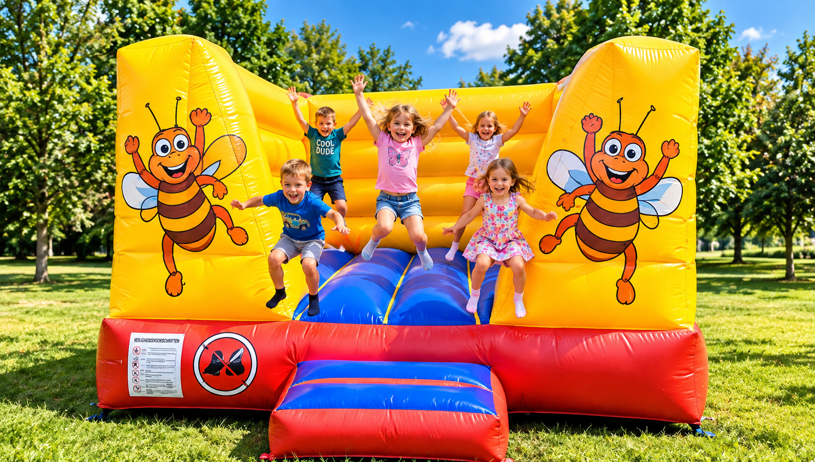 Bijen springkussen met springende kinderen in een park in Apeldoorn